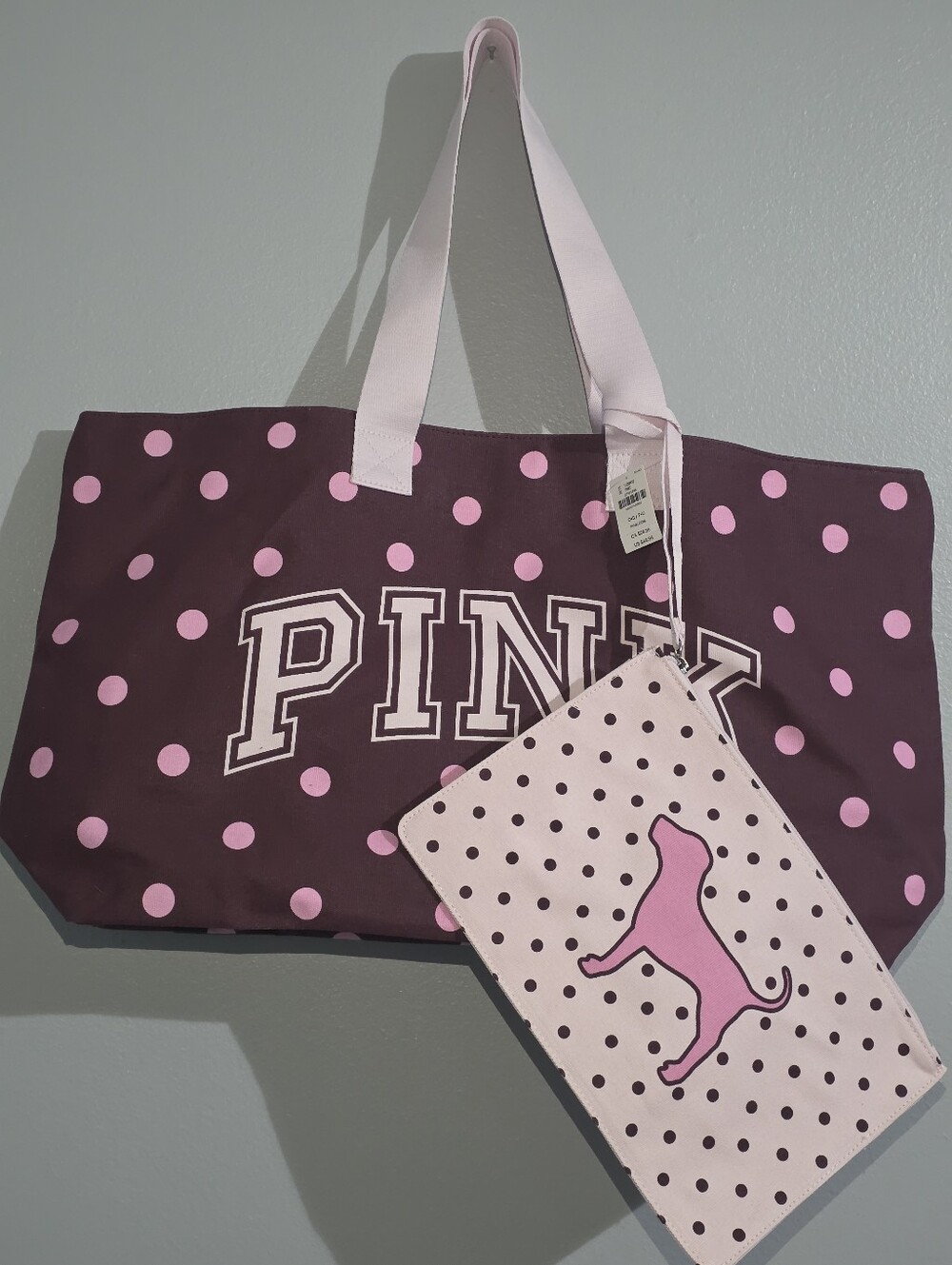 NWT Victoria's Secret PINK Polka Dot Canvas Tote & Pouch 2pc Set